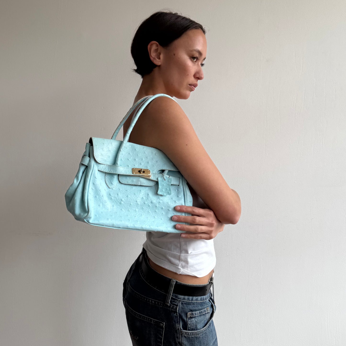 Turquoise mini leather ‘firkin’ bag - One Size