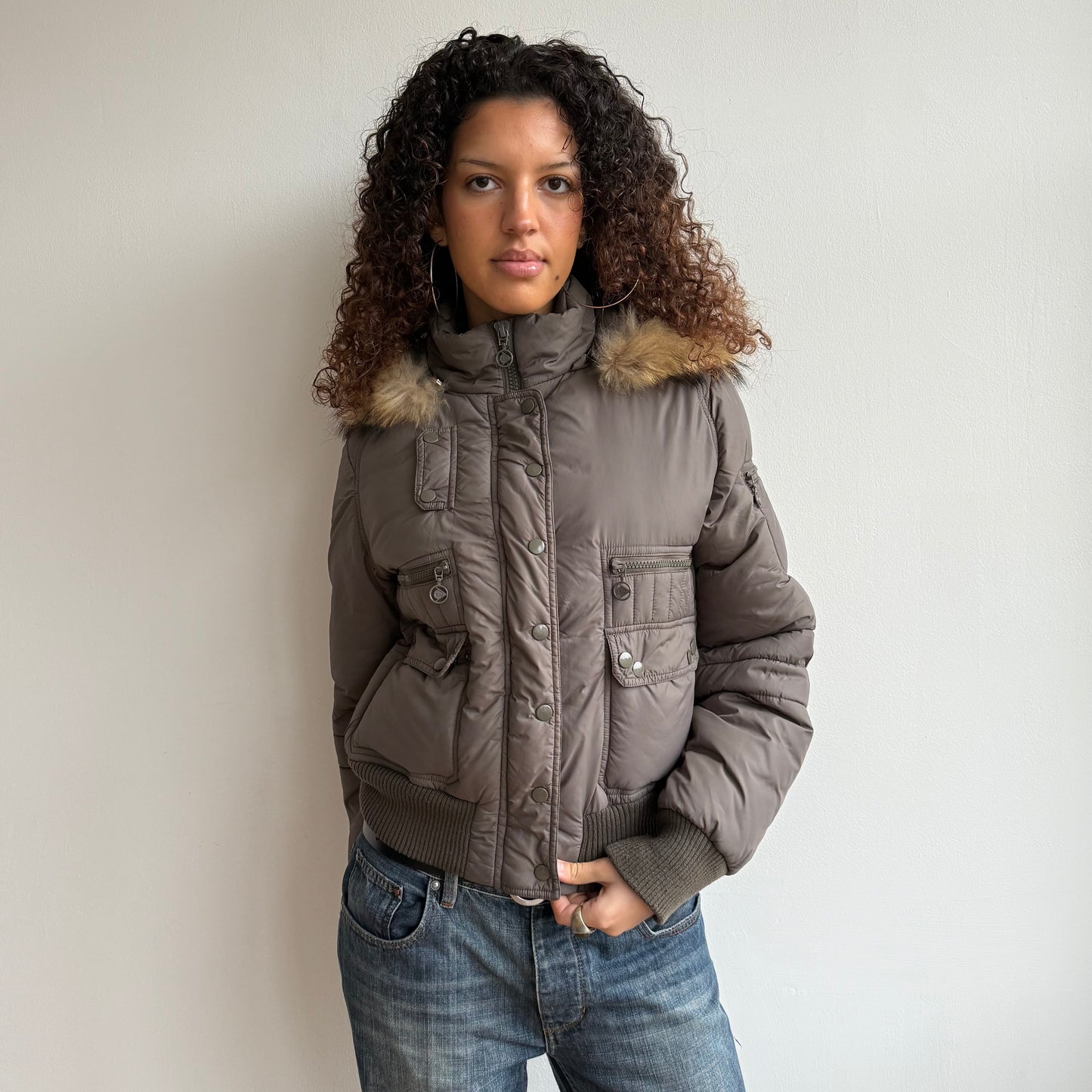 Brown fur trim puffer - Size M
