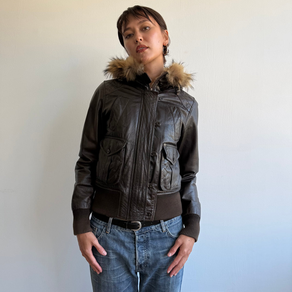 Brown leather fur hood bomber - Size S/M