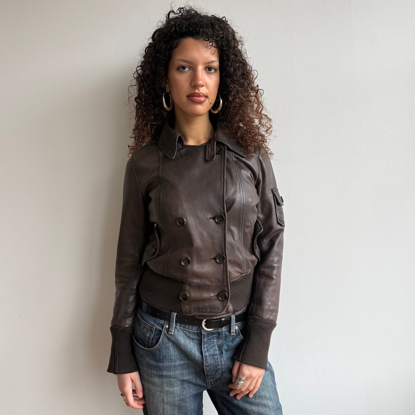 Brown leather moto bomber - Size S