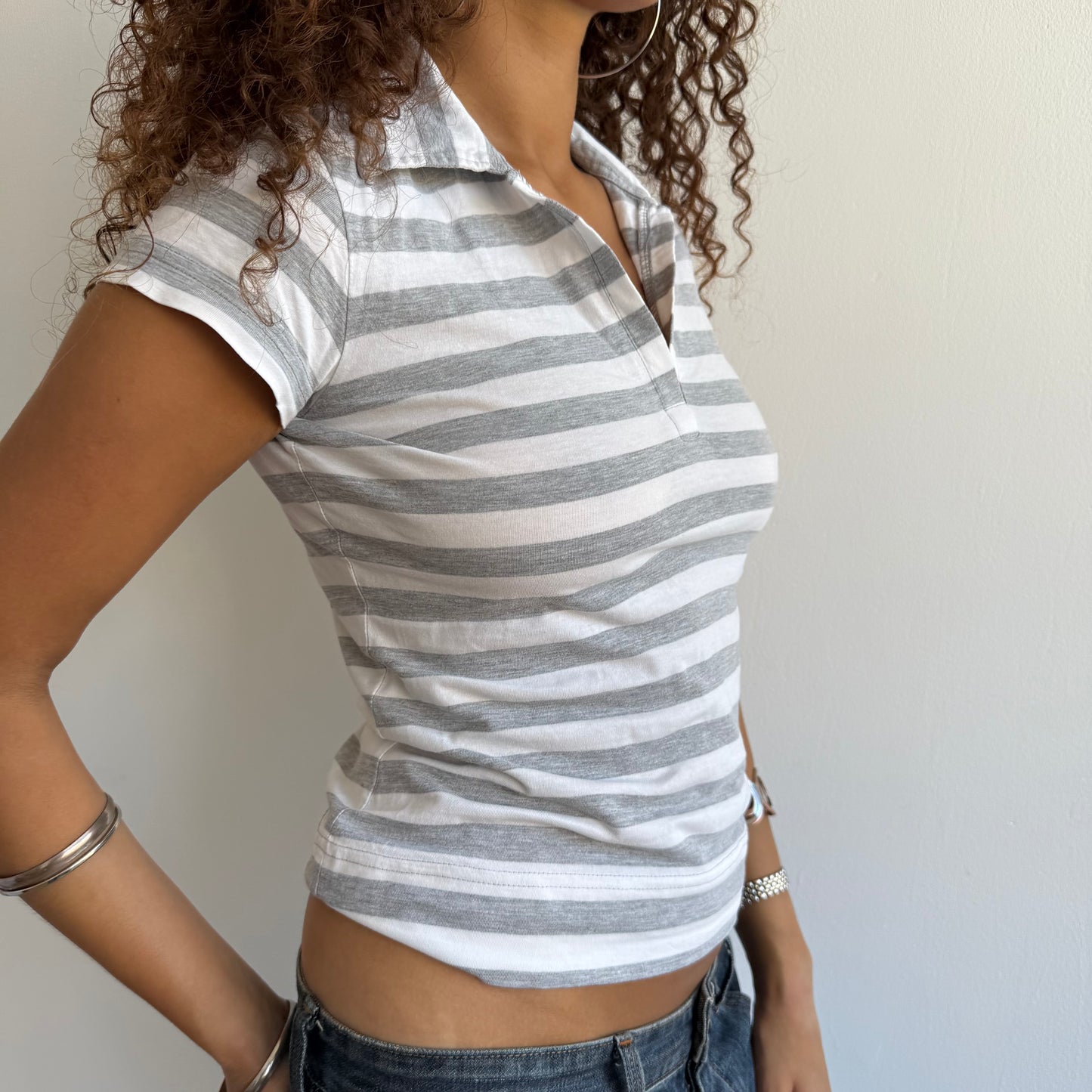 Grey + white stripe polo - Size S + M