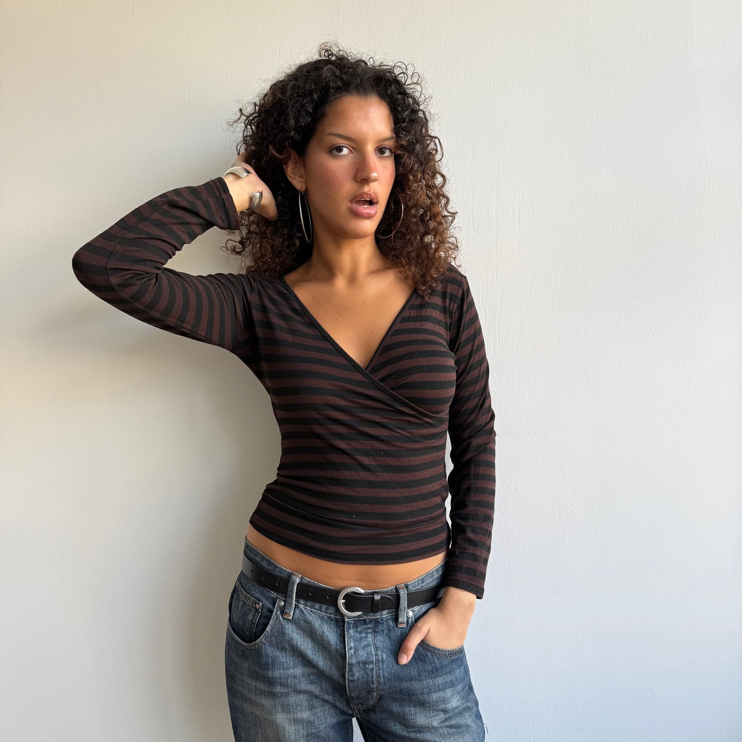 Brown + black striped wrap top - Size S