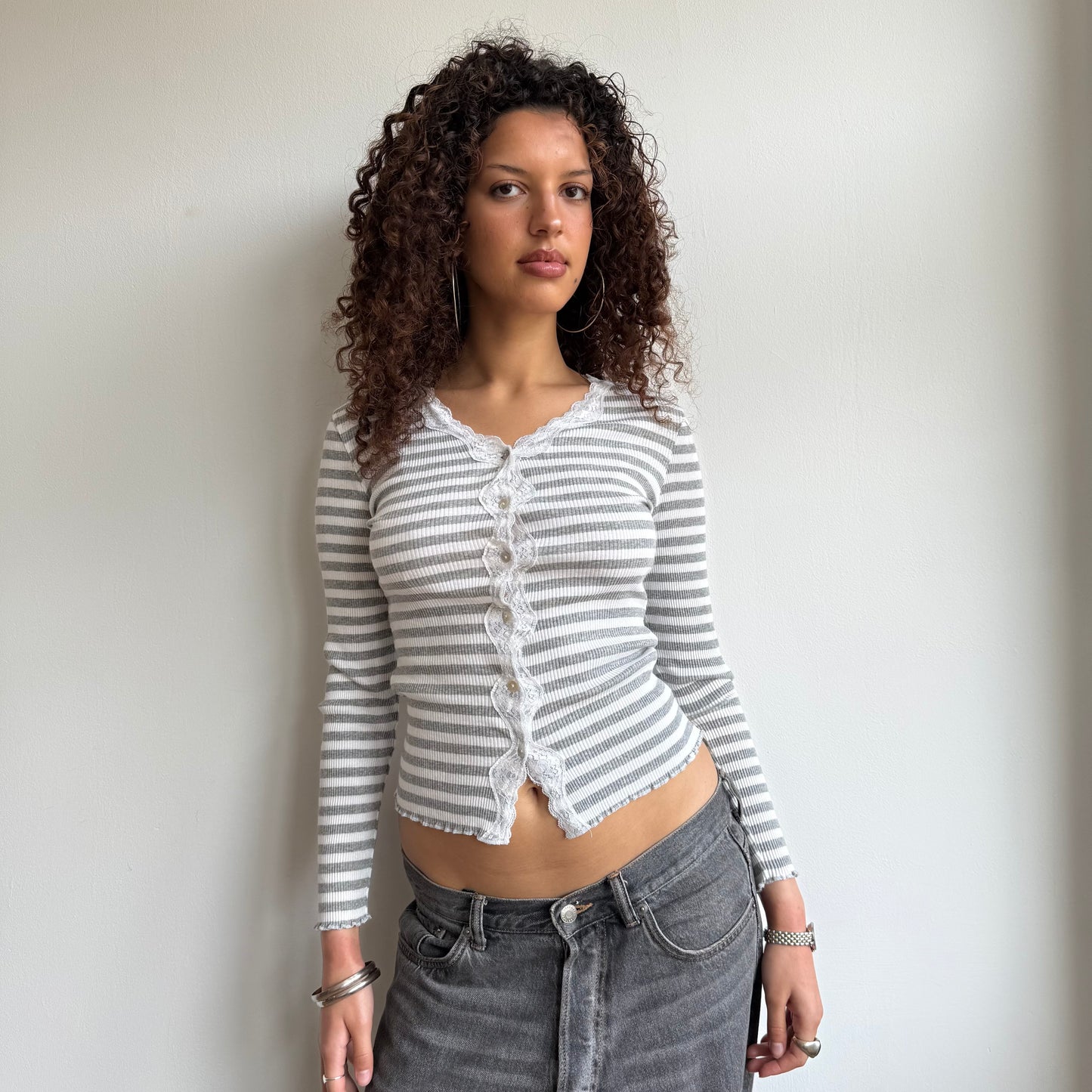 Grey + white striped lace cardi - Size XS