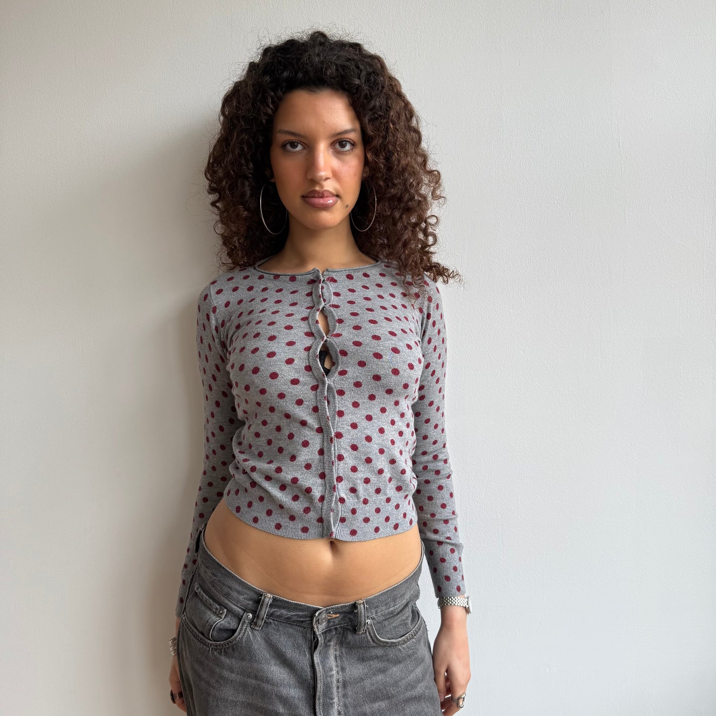 Burgundy polka dot cardi - Size S