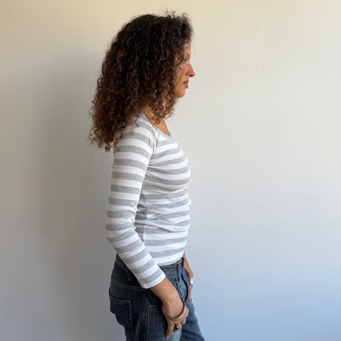 Grey + white striped bardot top - Size S