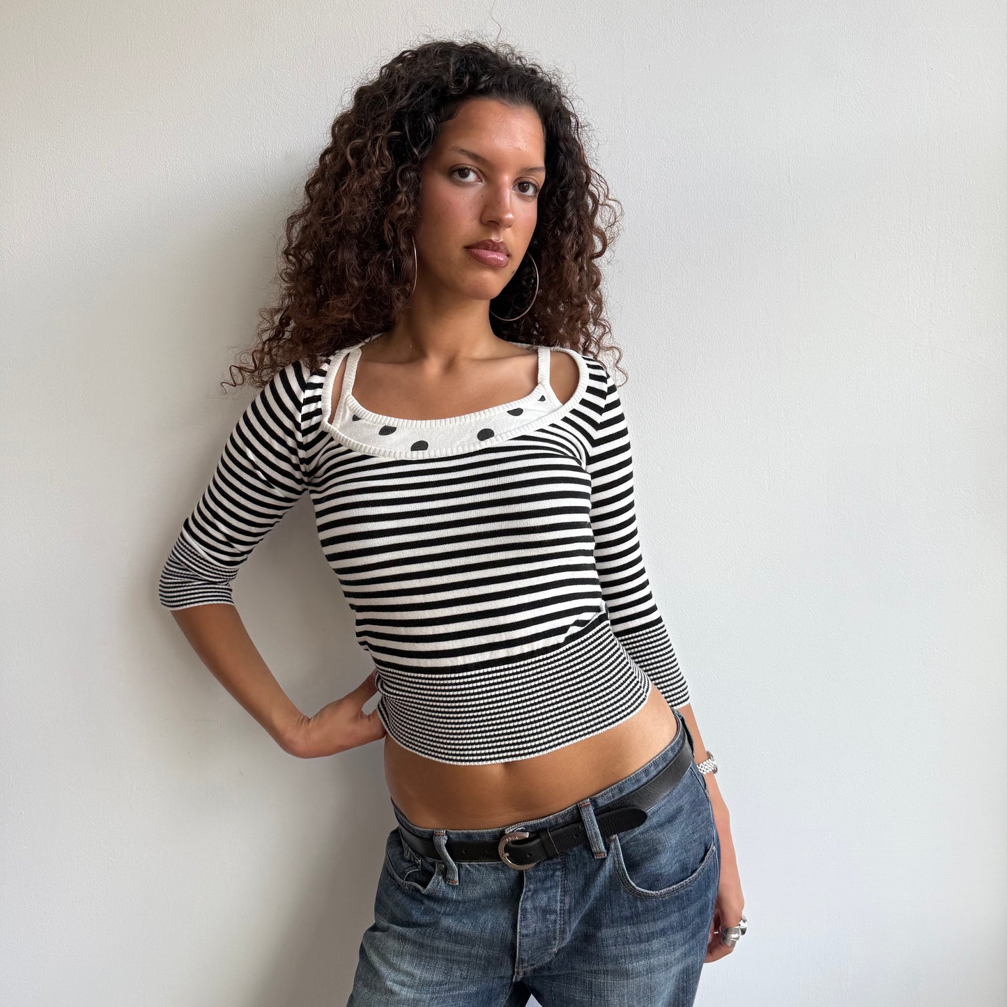 Black polka dot stripe knit - Size S