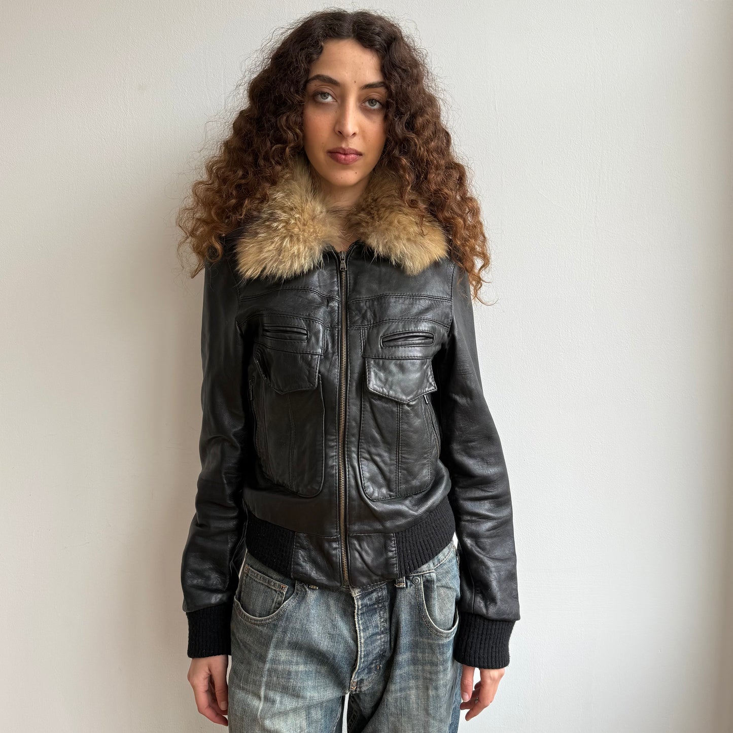 Black leather fur collar bomber - Size M