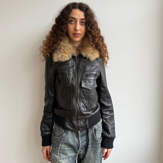 Black leather fur collar bomber - Size M