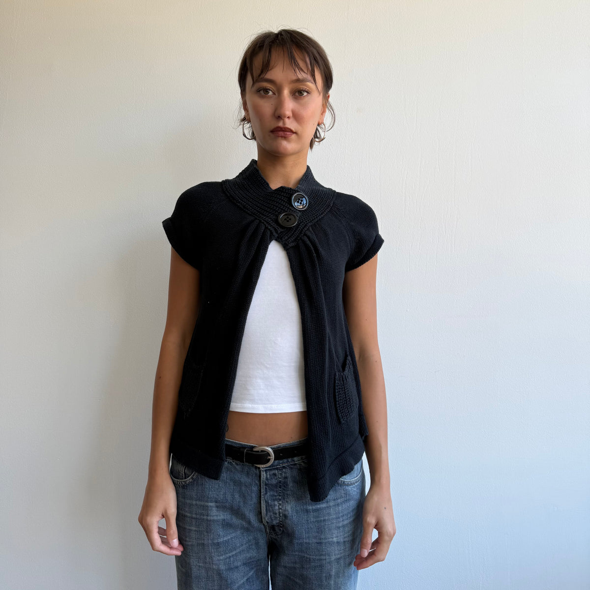 Navy button neck knit jumper - Size M