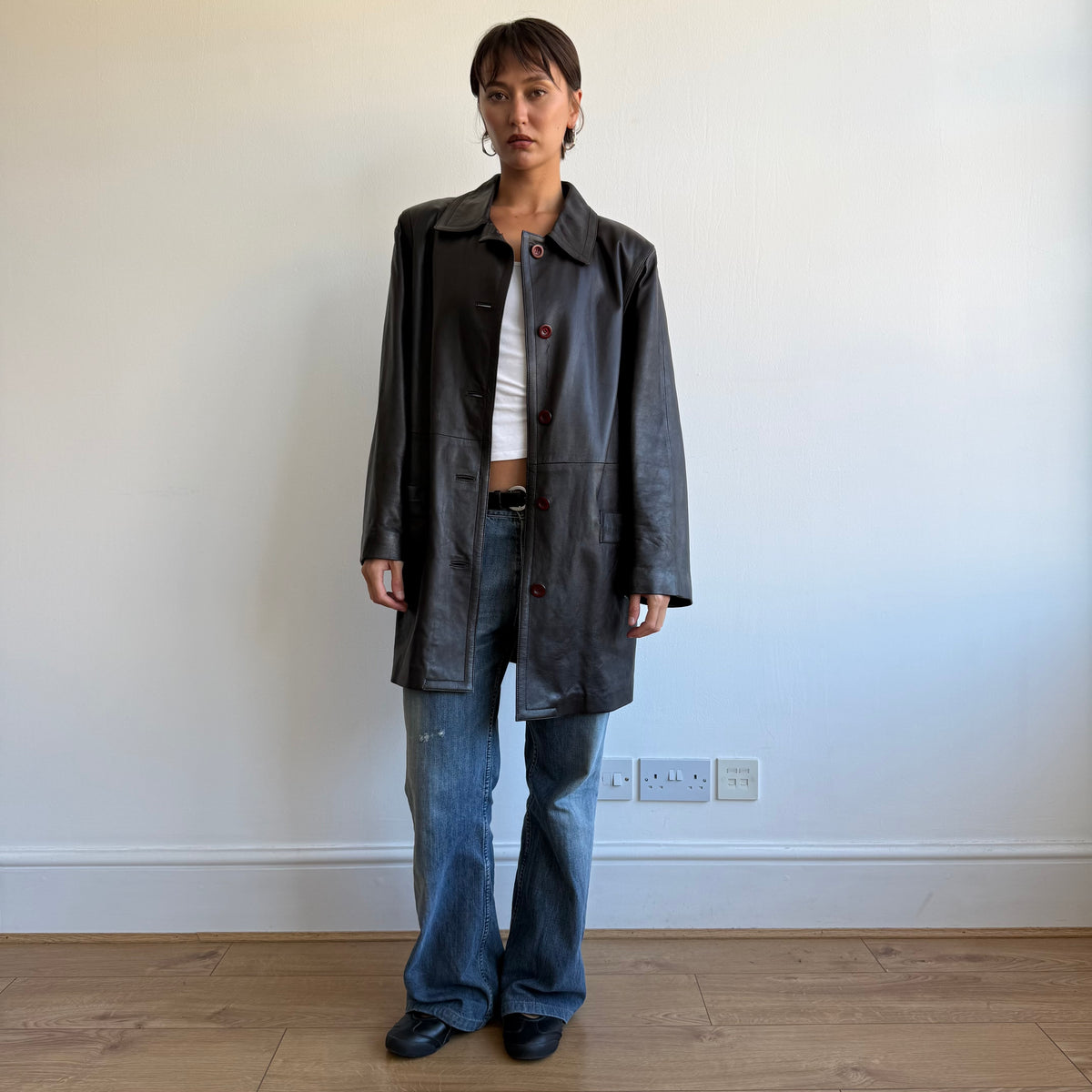 Brown leather mid length coat - Size L