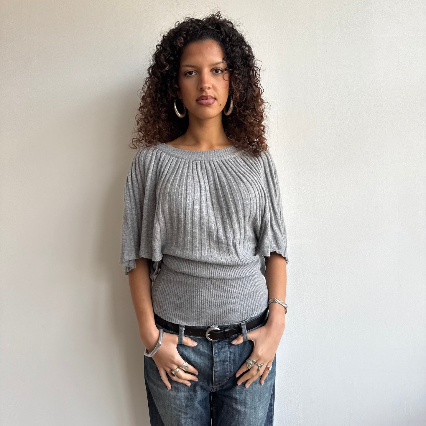 Light grey ribbed batwing knit - Size M