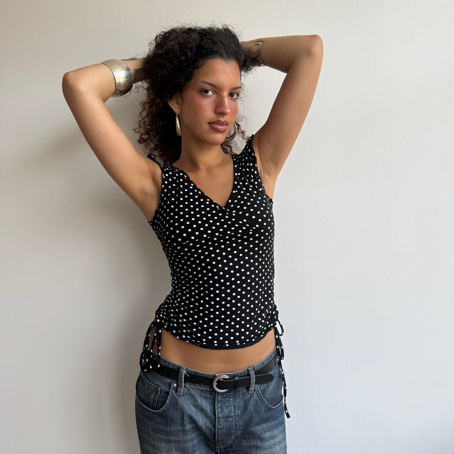 Polka dot ruched tie side t-shirt - Size S