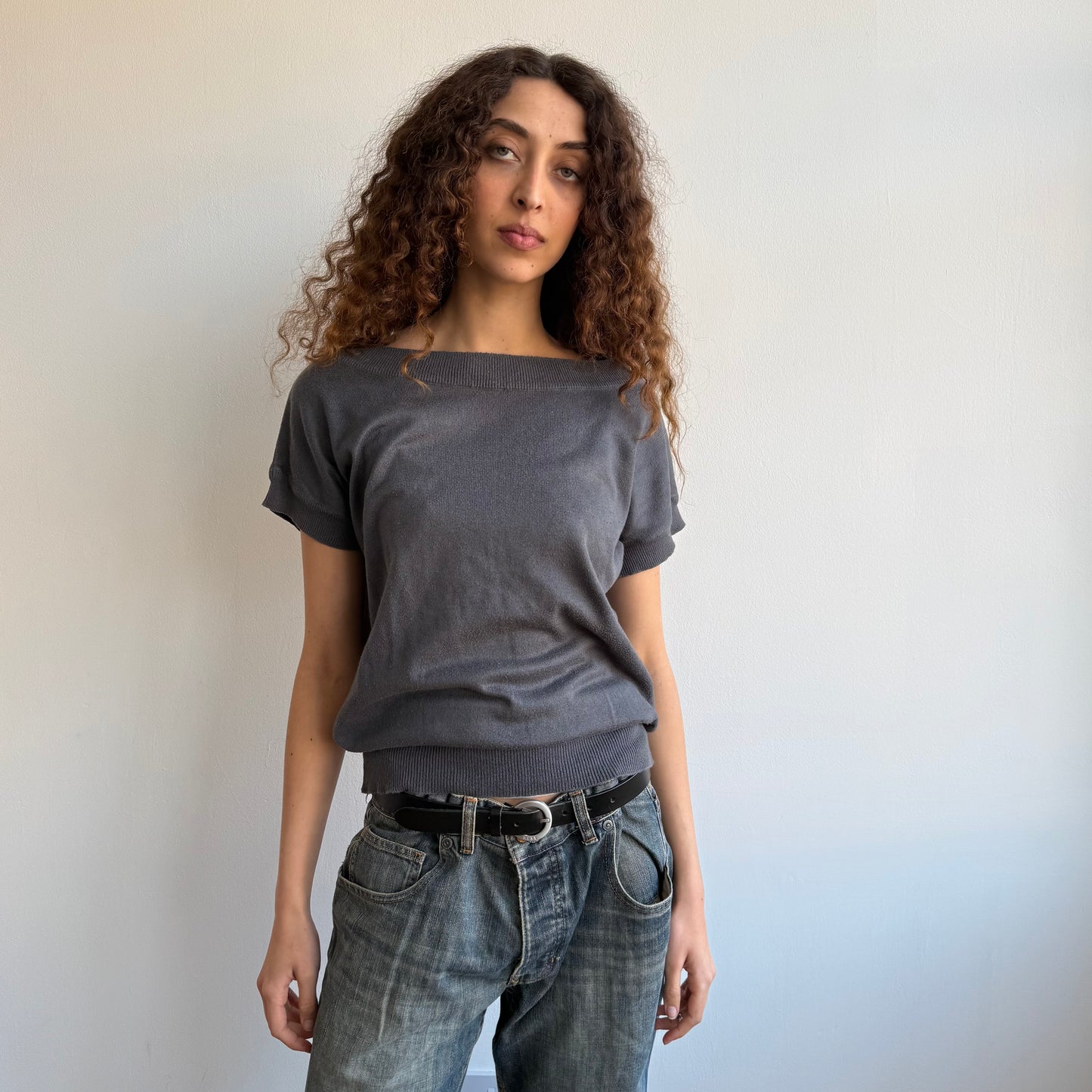 Charcoal short sleeve slouchy knit - Size S