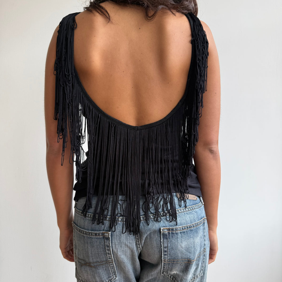 Black backless fringe top - Size S-M