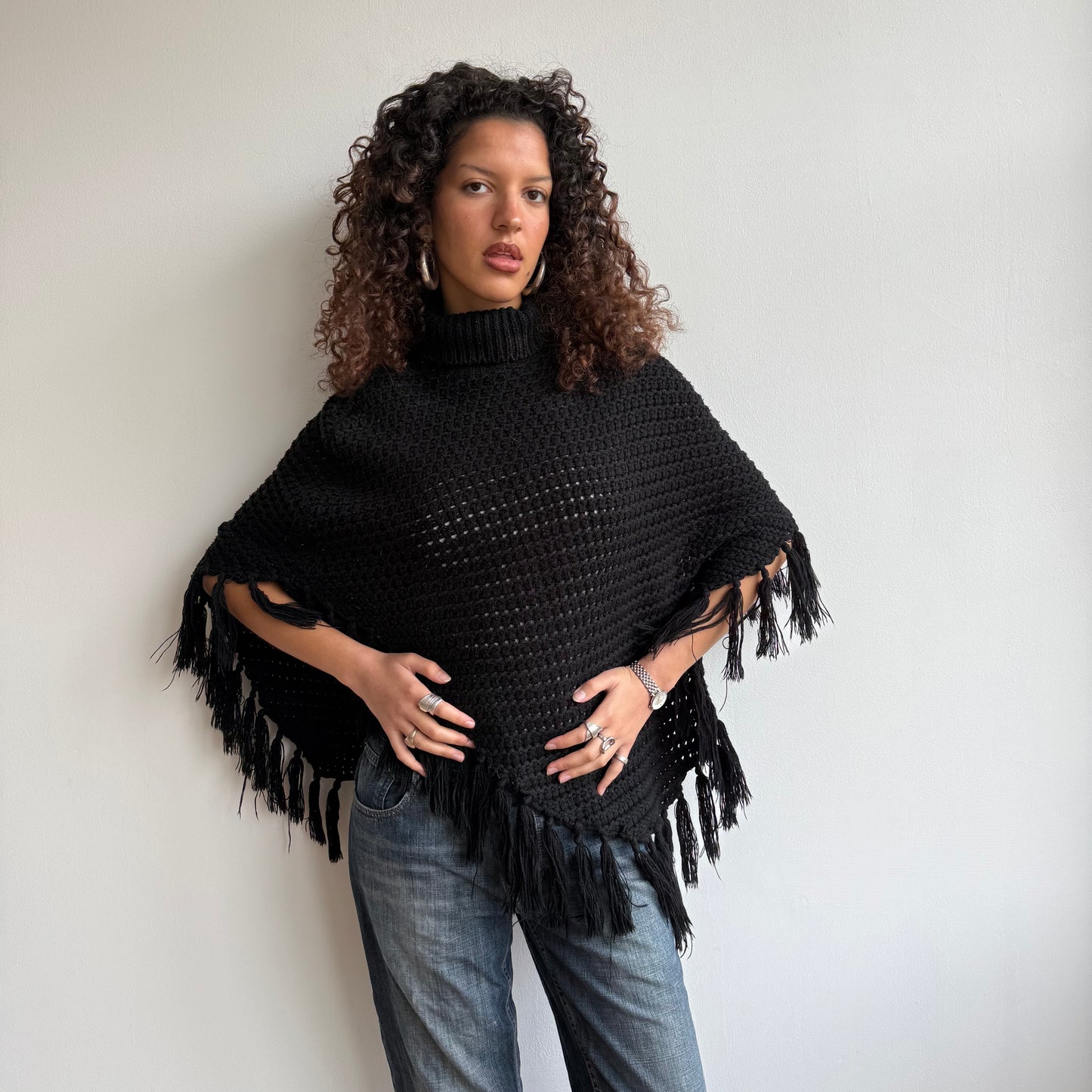 Black chunky knit poncho - One Size