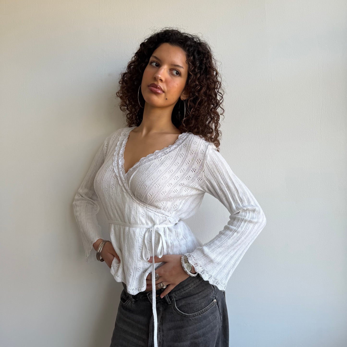 White pointelle wrap cardi - Size M