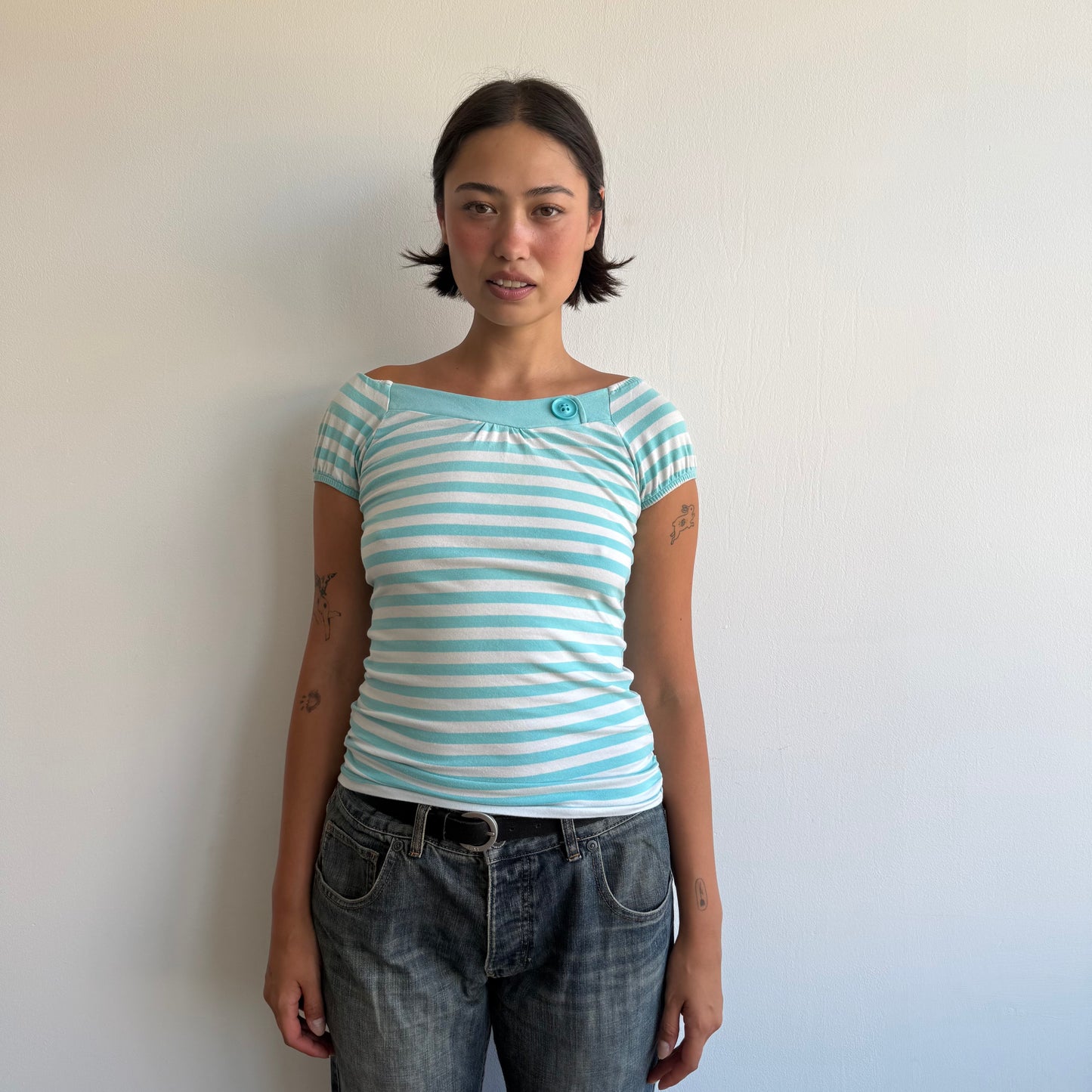 Turquoise striped button top - Size M