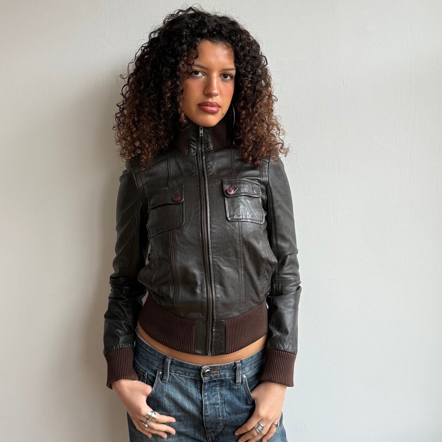 Brown leather jacket - Size S