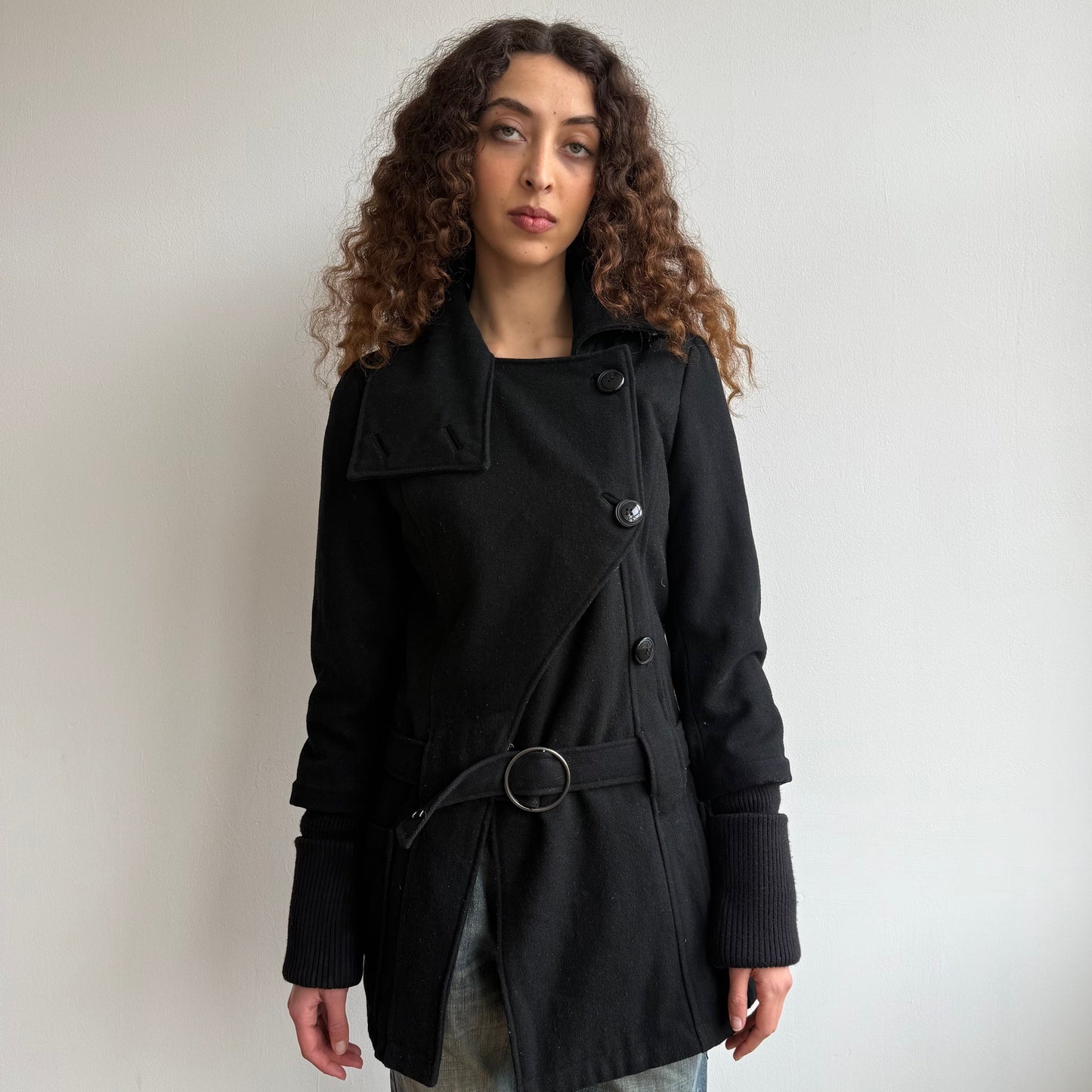 Black asymmetric belt coat - Size M