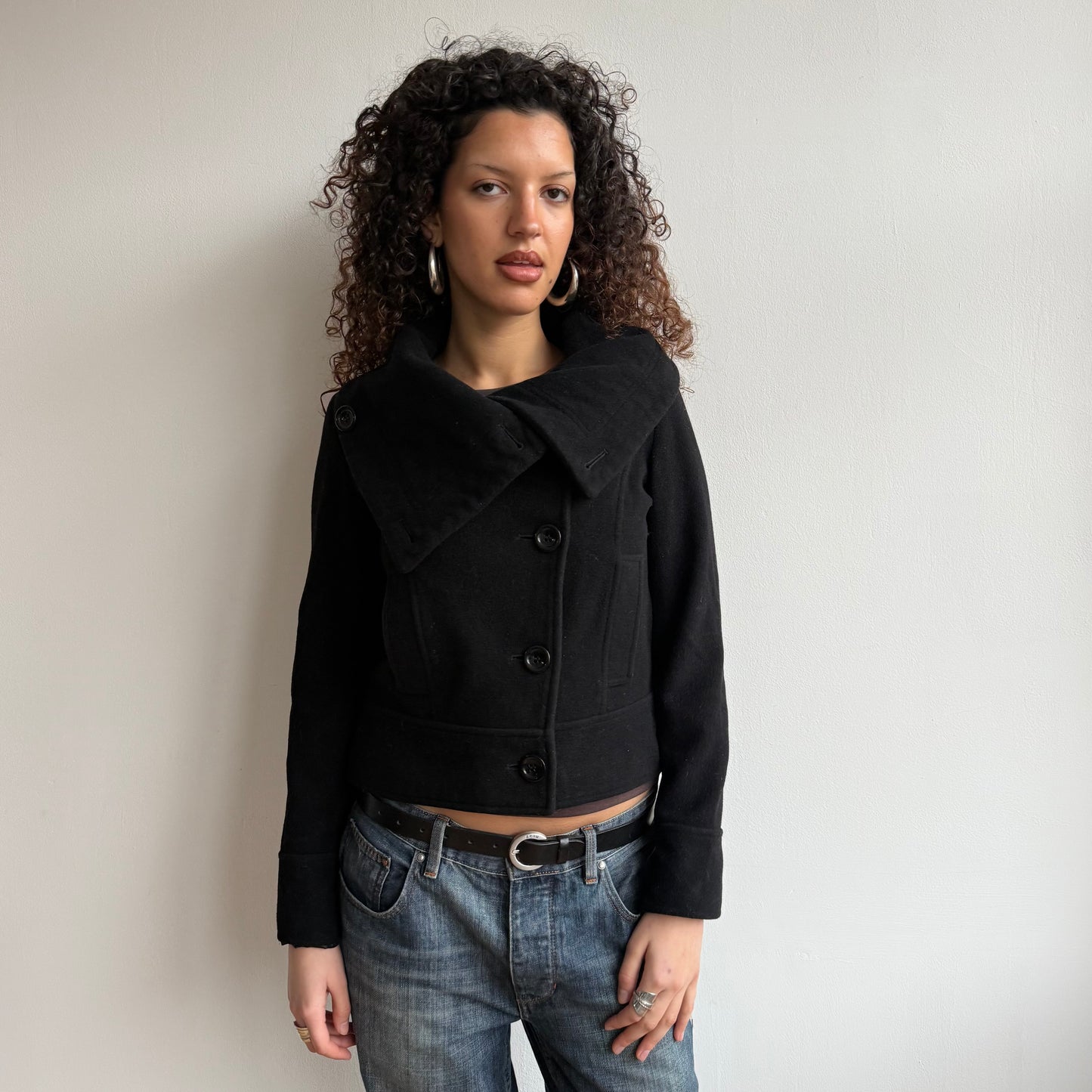 Black asymmetric funnel neck coat - Size S