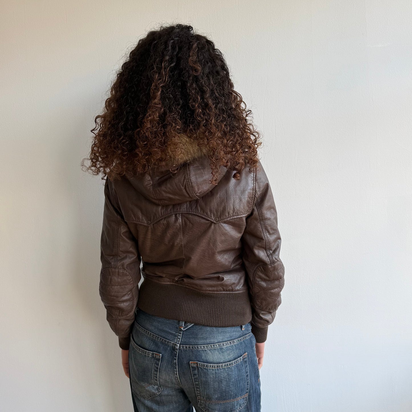 Brown leather fur hood bomber - Size M