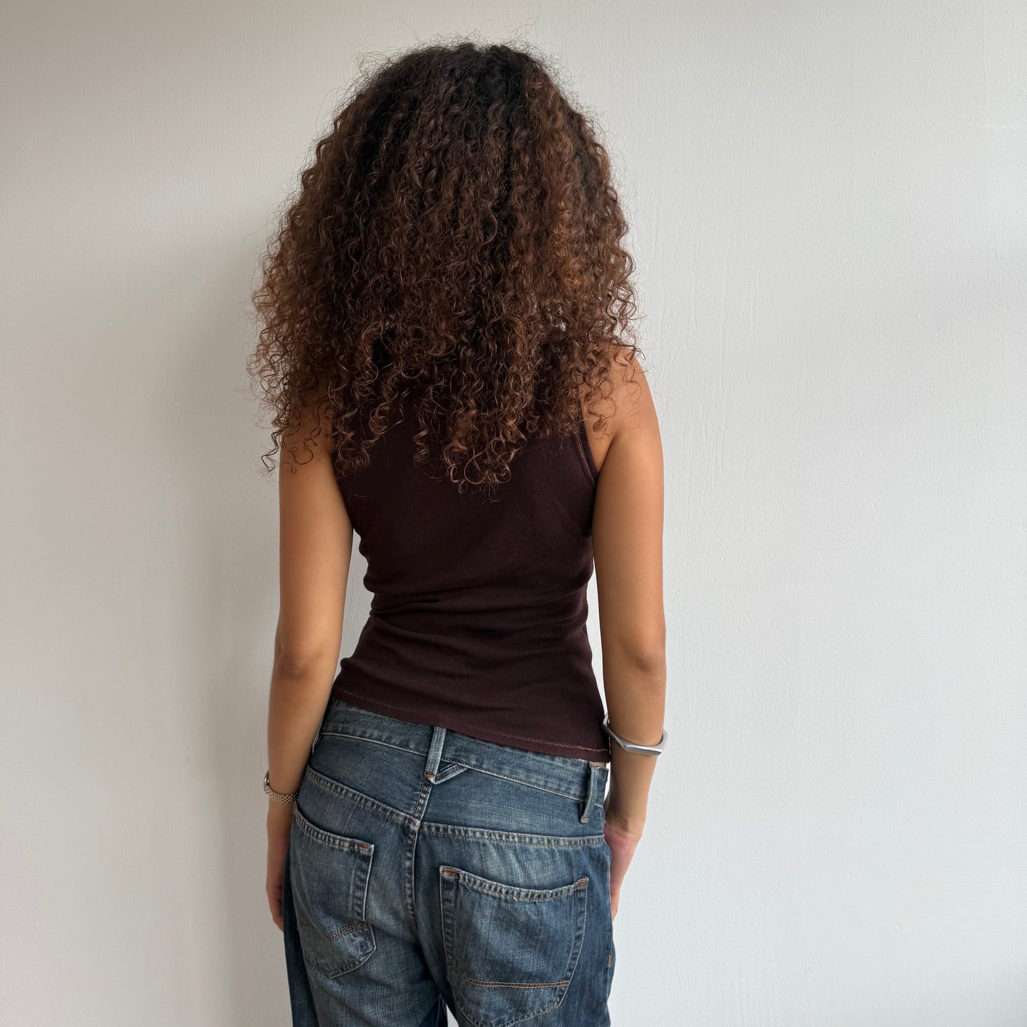 Brown graphic safety pin top - Size S