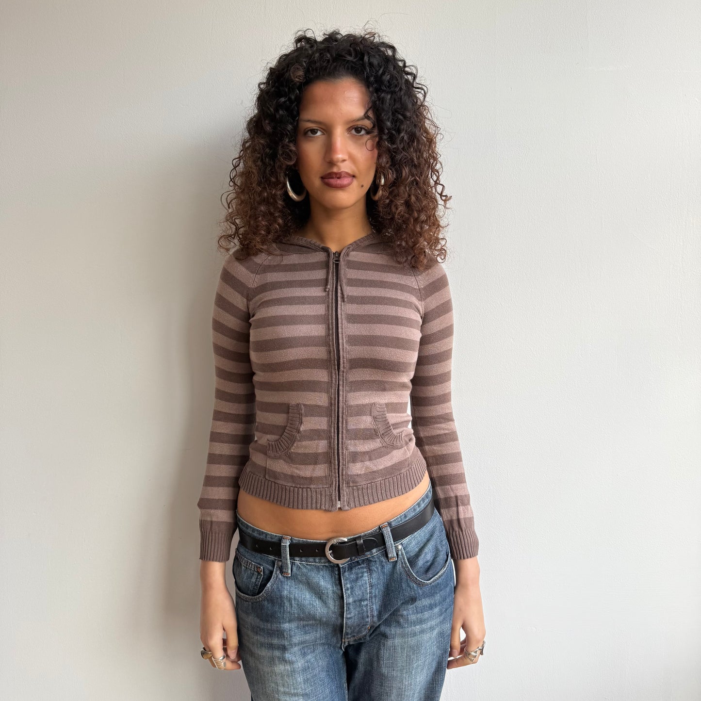 Brown striped knit hoodie - Size XS