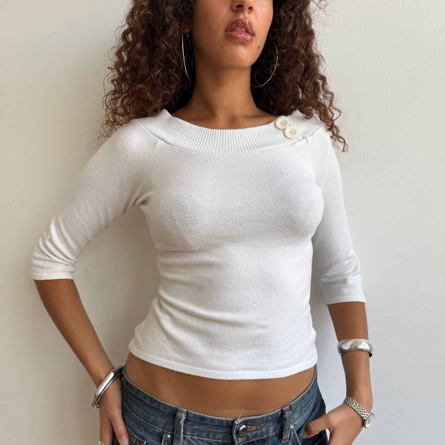 White 3/4 sleeve button knit -Size S