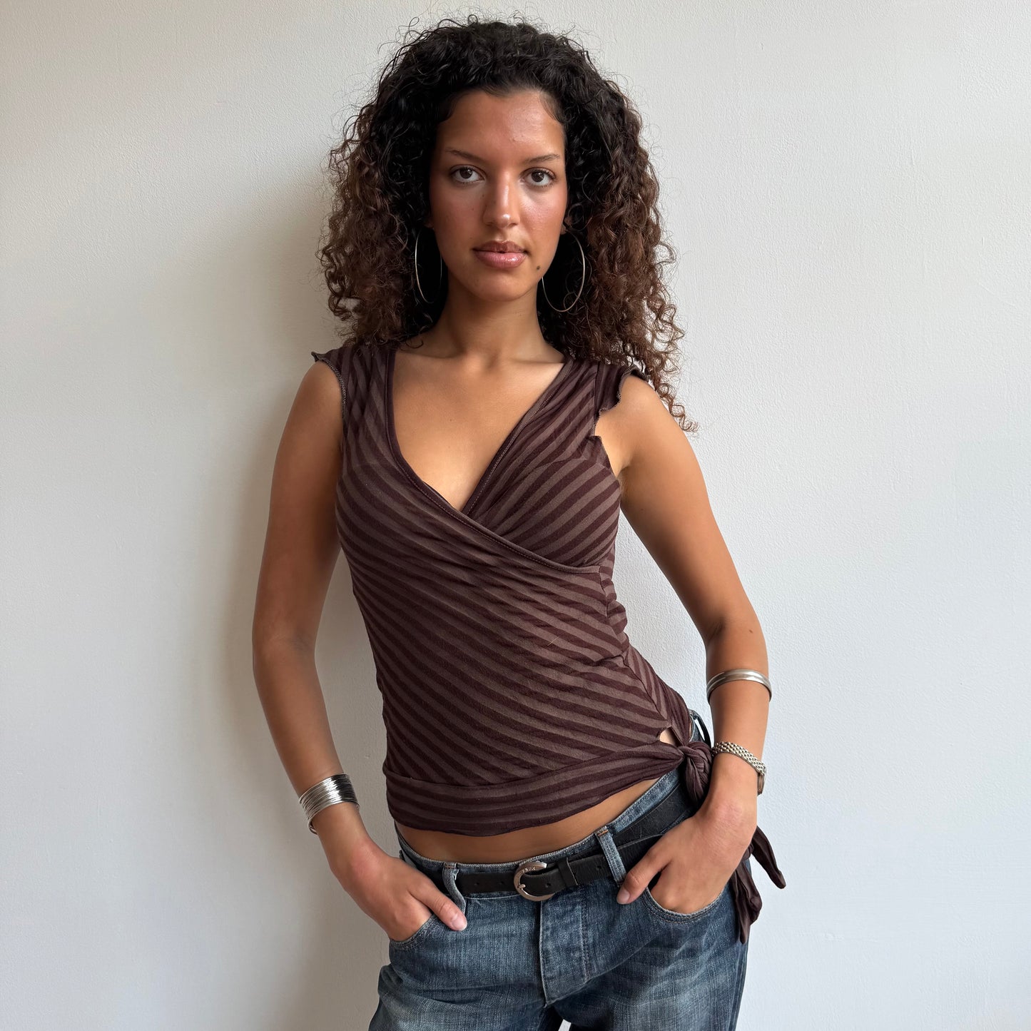 Brown wrap tie-side top - Size S/M