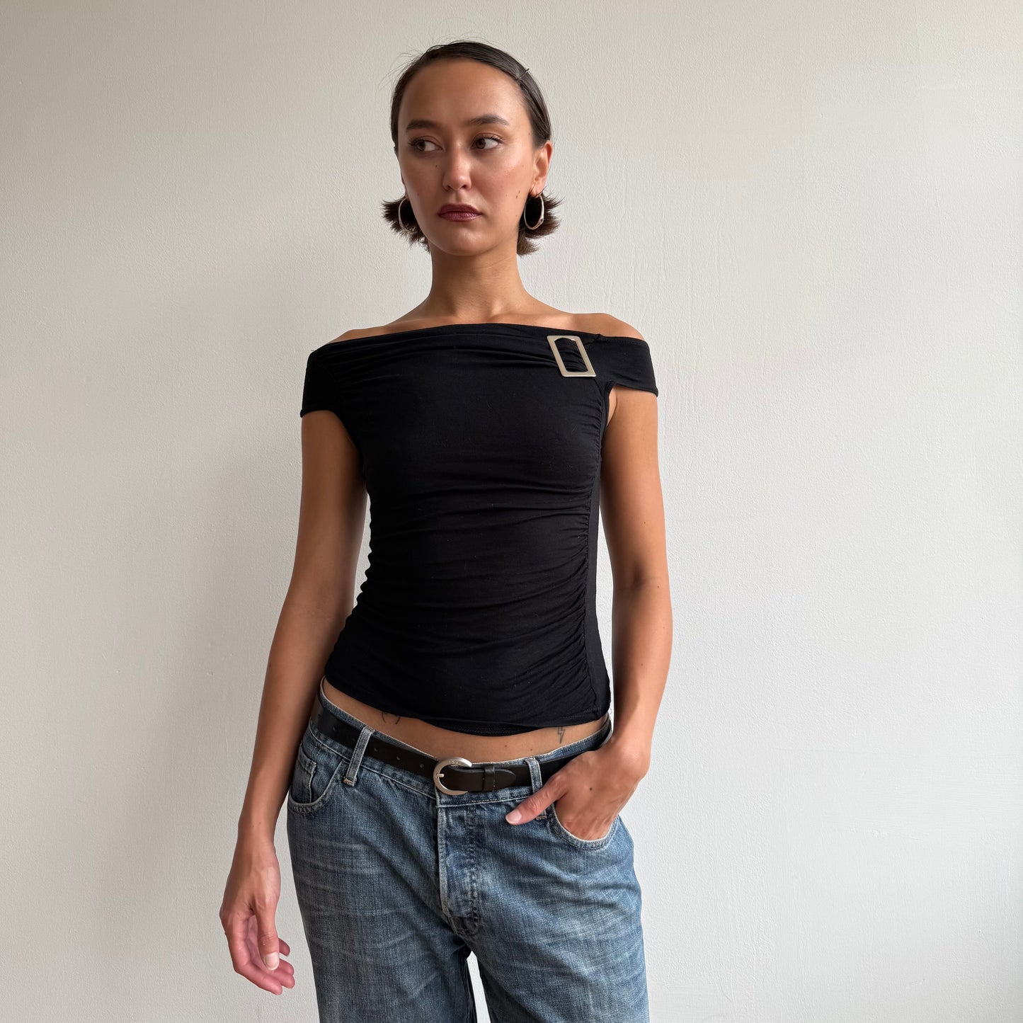 Black bardot buckle tee - Size S