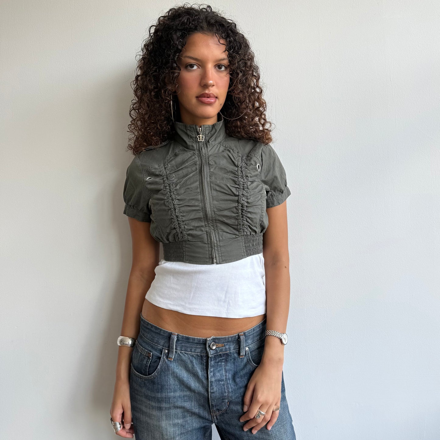 Khaki cropped ruched jacket - Size S
