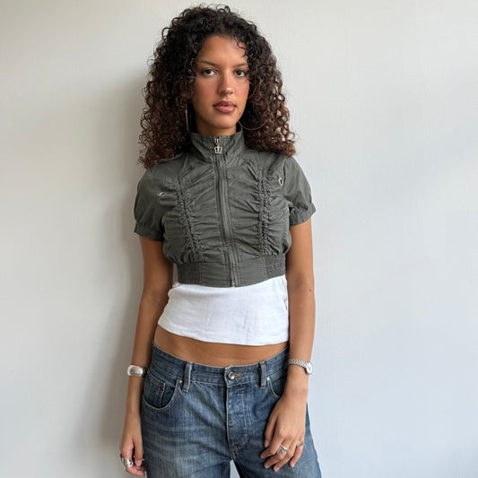 Khaki cropped ruched jacket - Size S