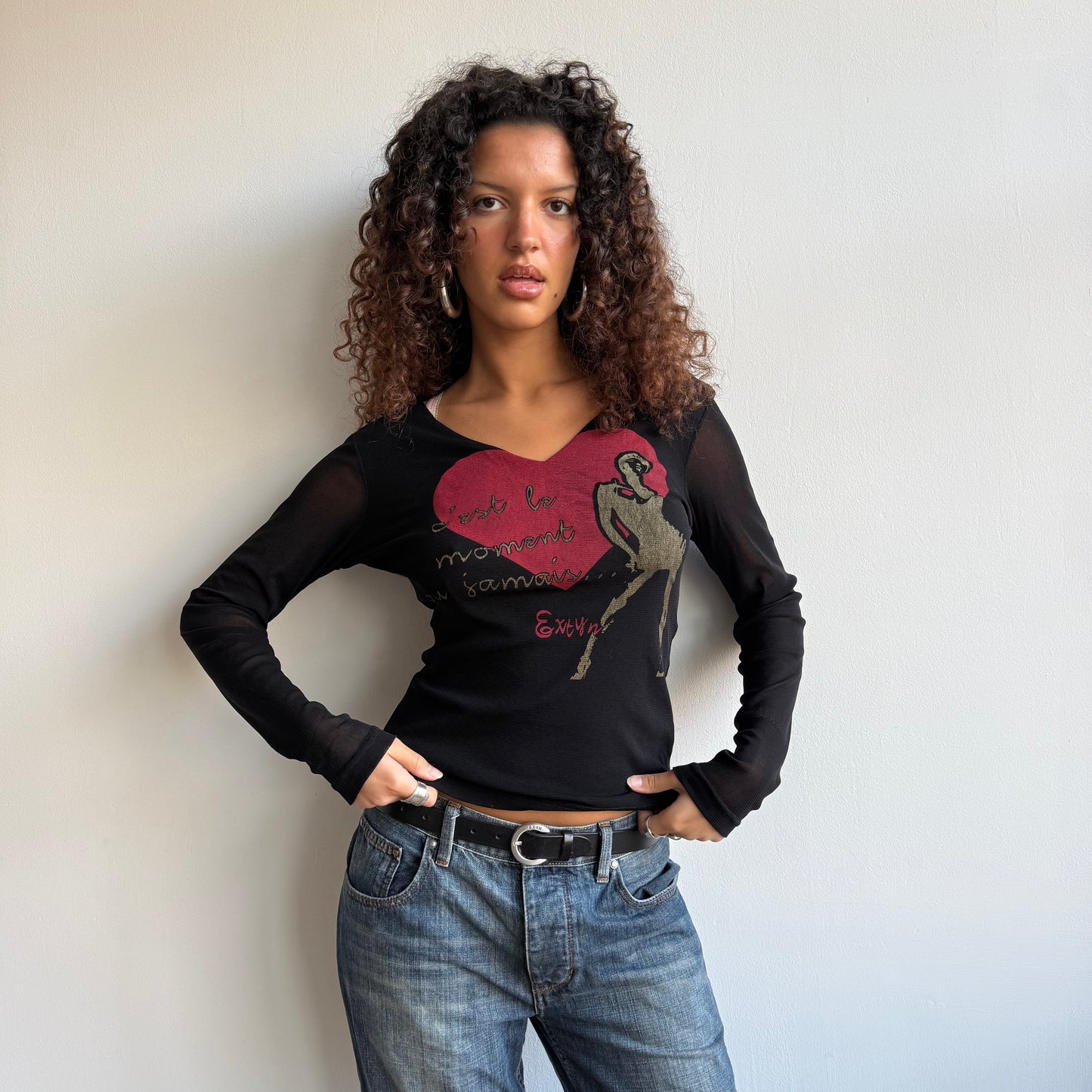 Black graphic mesh long sleeve top - Size S/M