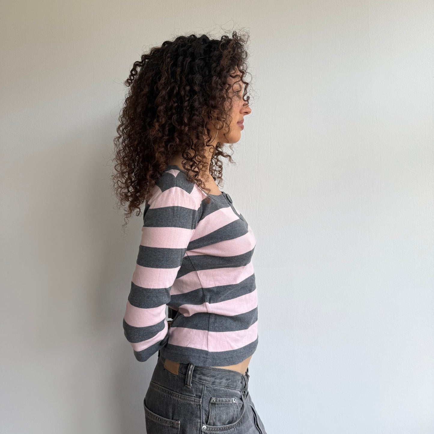 Grey + pink striped top - Size M