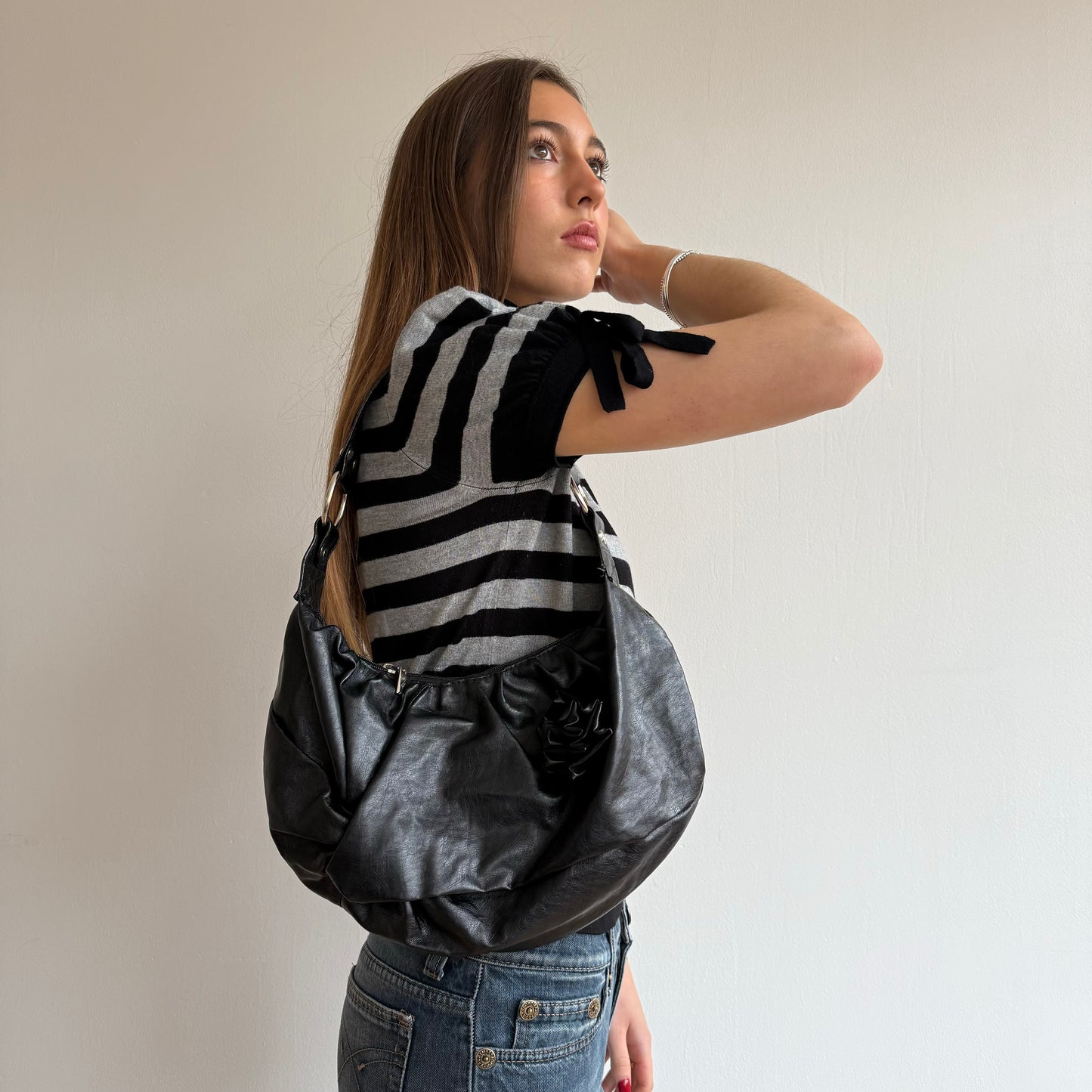 Black floral applique bag