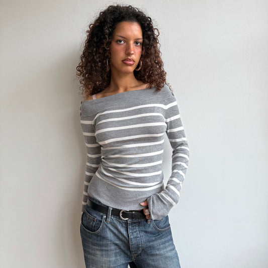Grey + white striped bardot knit - Size S/M
