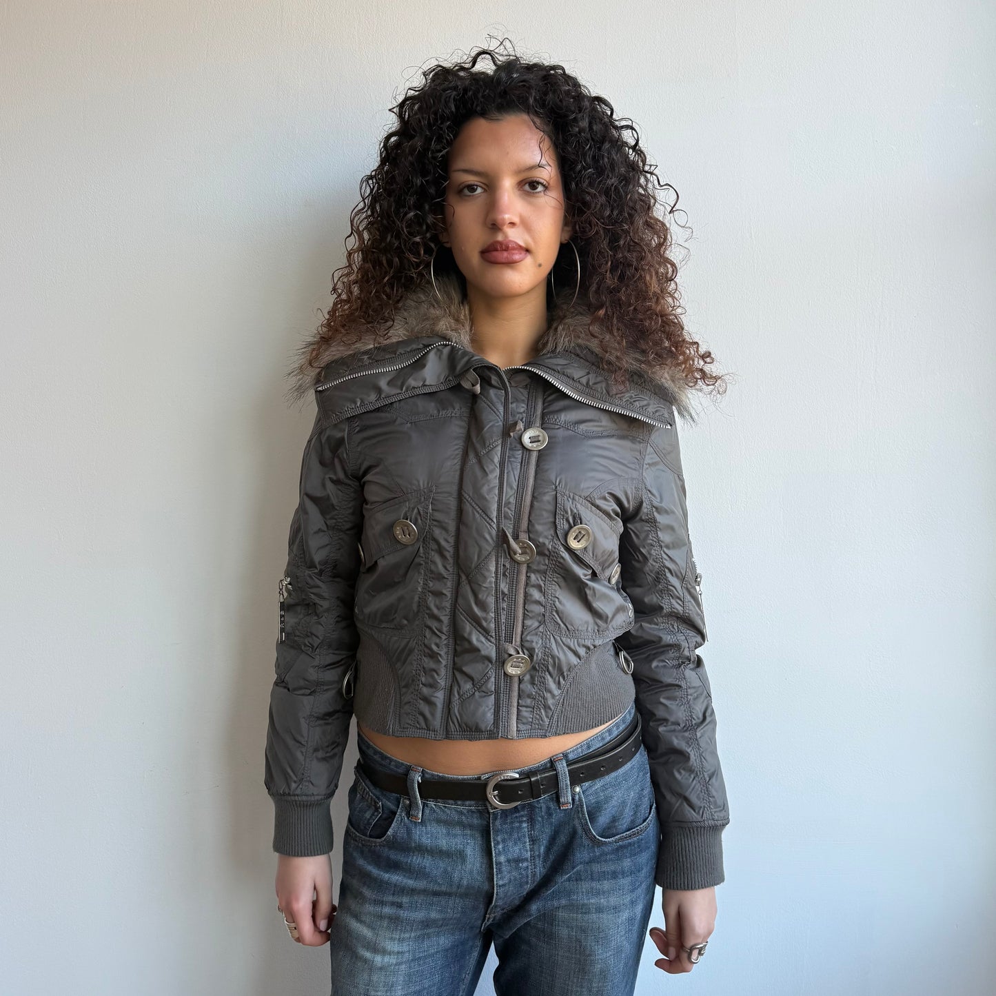 Grey fur collar puffer bomber - Size S
