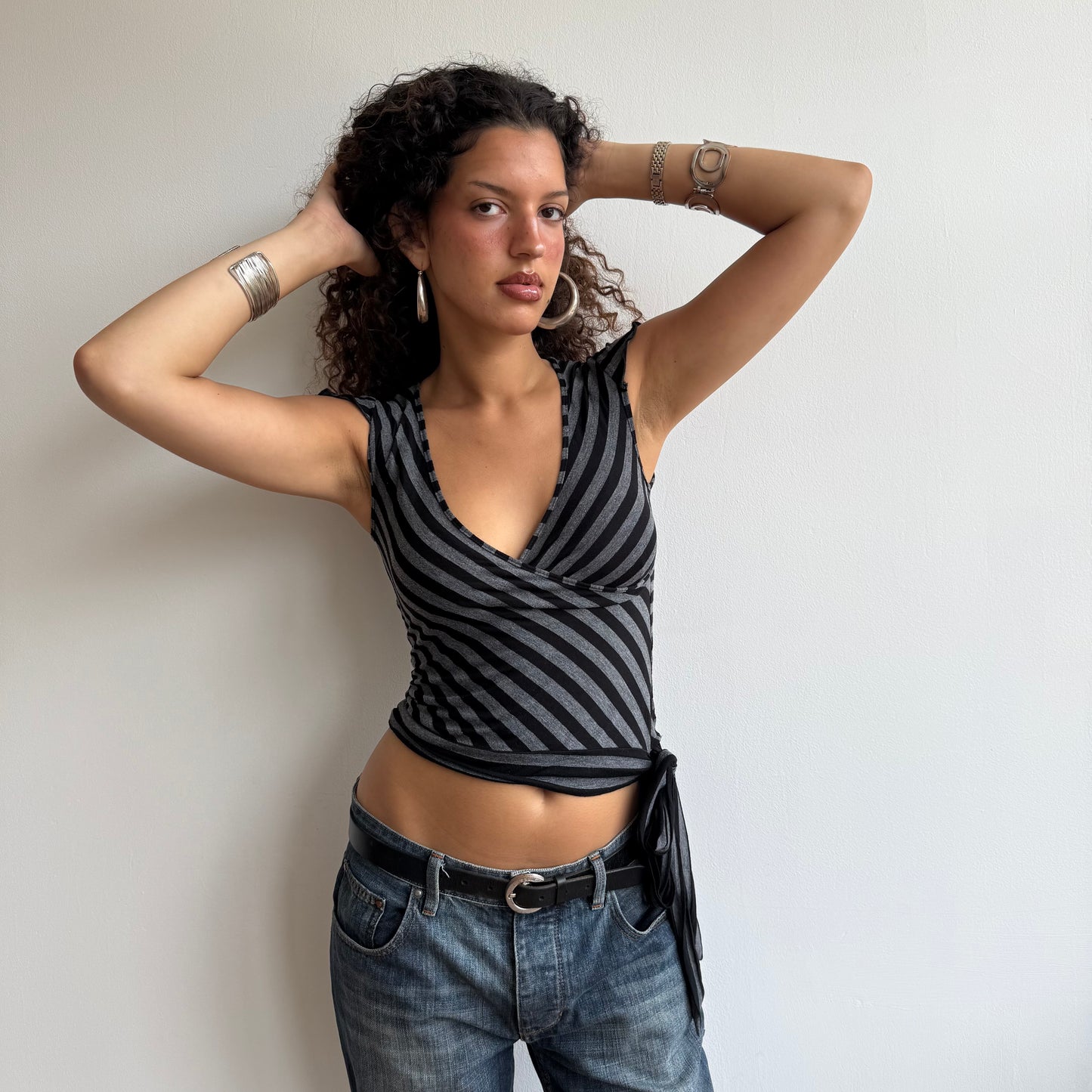 Black + grey stripe wrap t-shirt - Size S