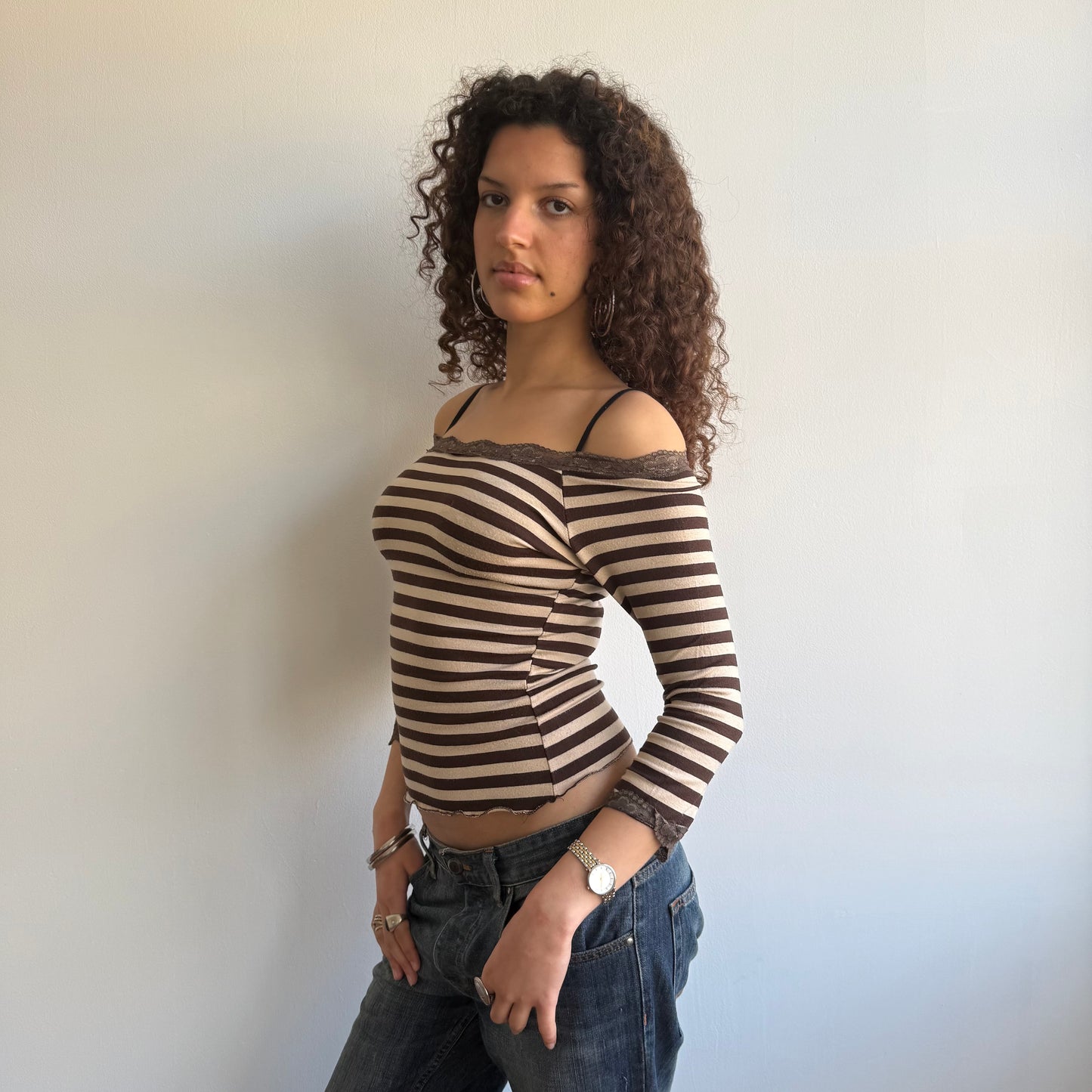 Beige striped Bardot top - Size S