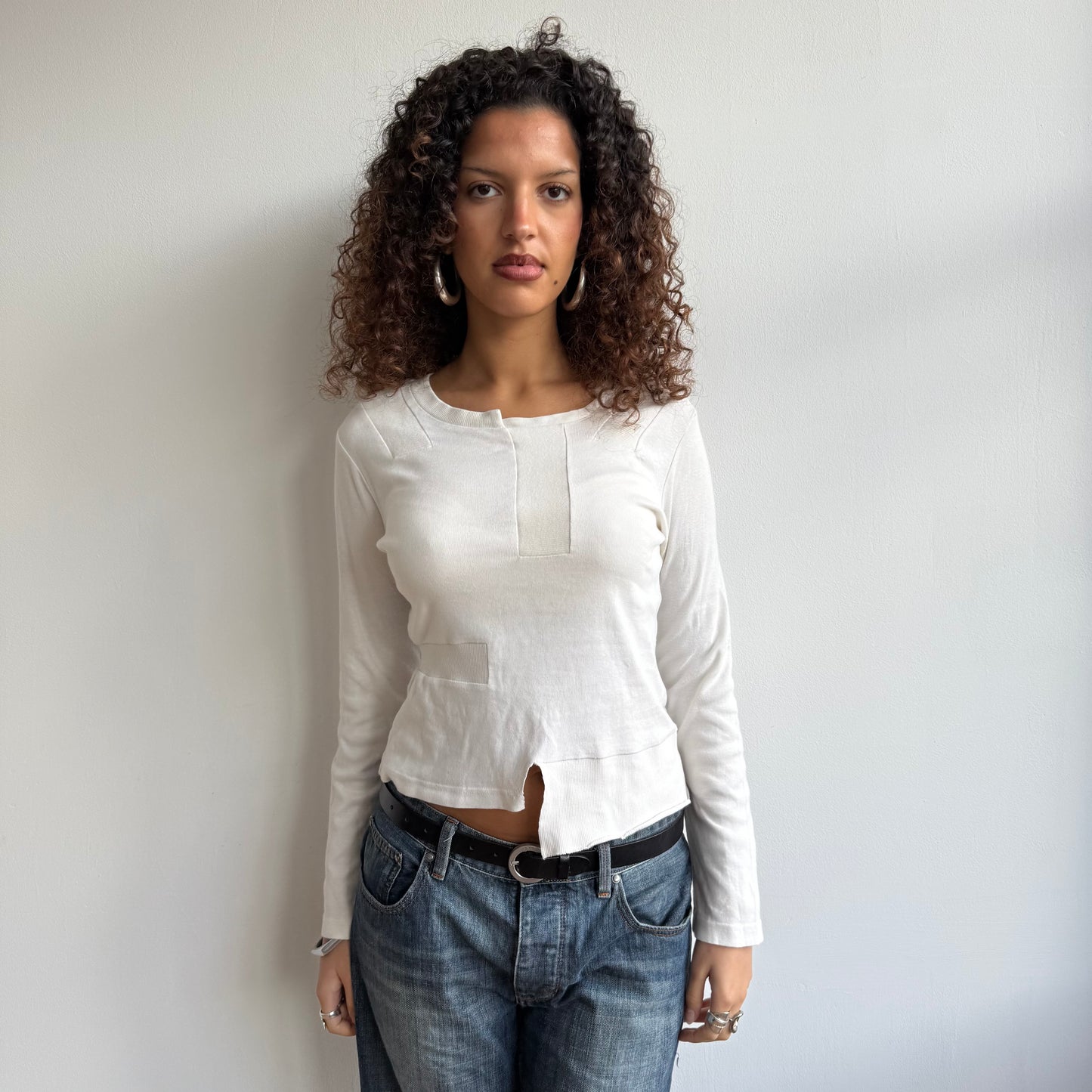 Cream patchwork long sleeve top - Size S