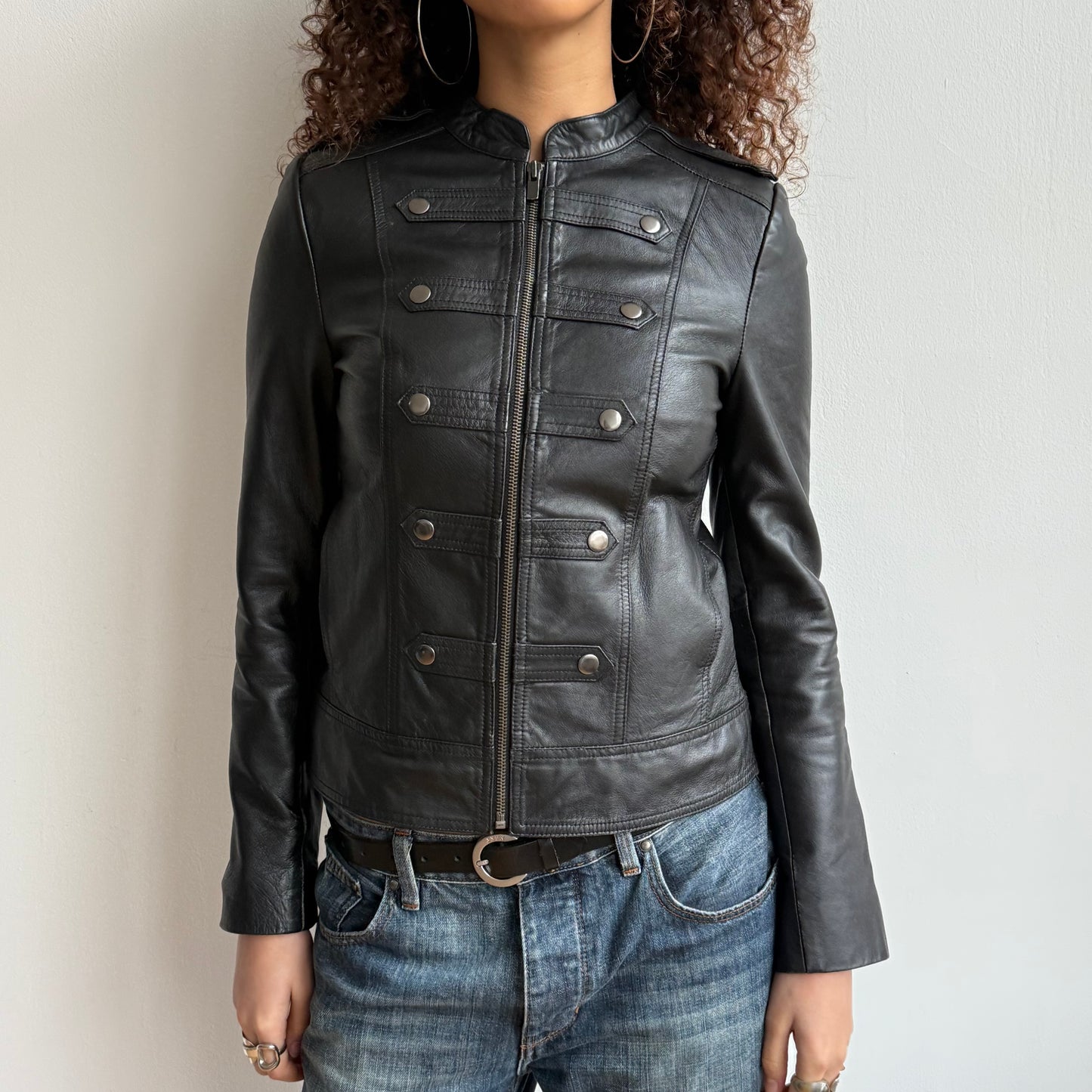 Black leather military jacket - Size M