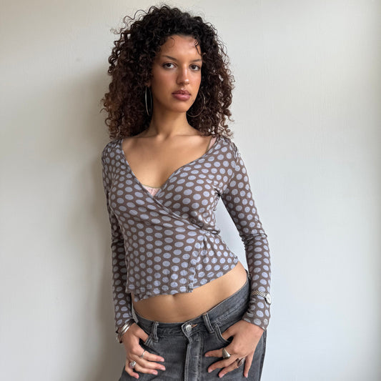 Brown + lilac polka dot wrap top - Size S/M
