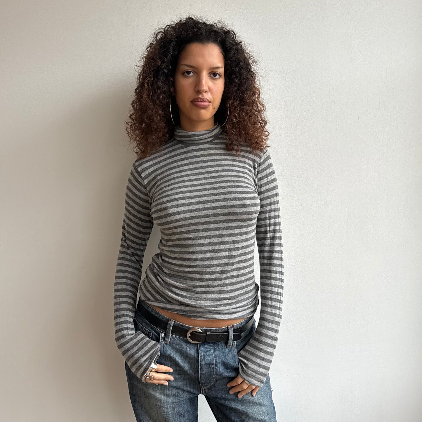 Grey stripe roll neck jumper - Size M