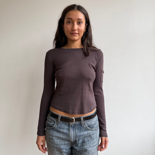 Brown long sleeve pocket top - Size S