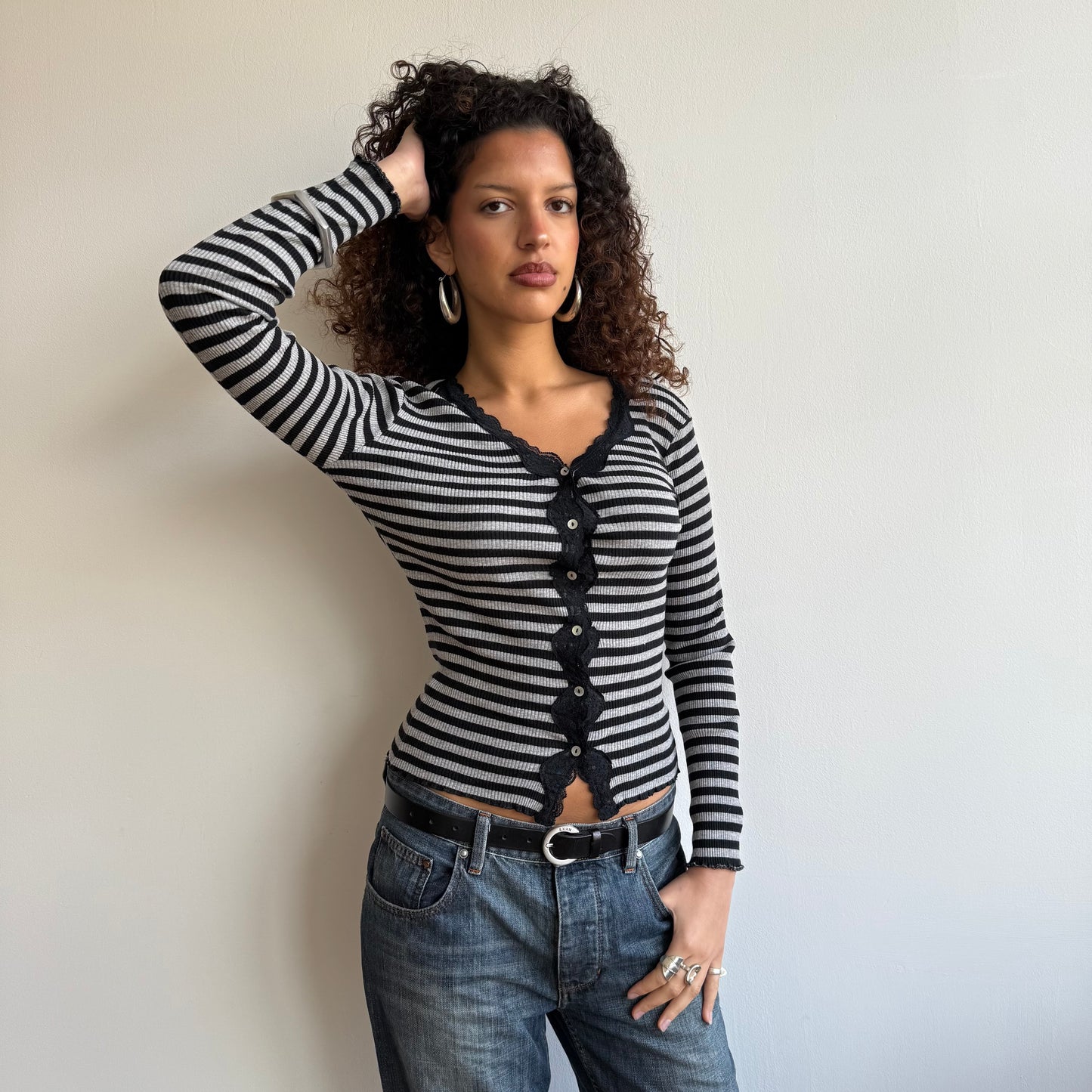 Black + grey striped cardi - Size S