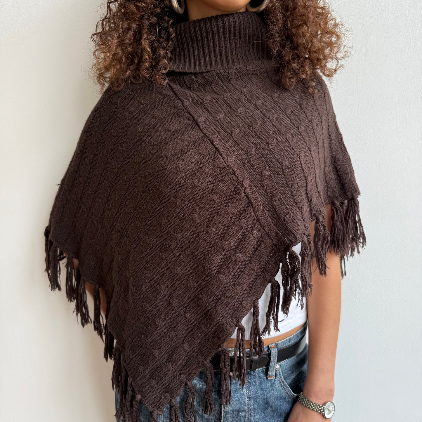 Brown knit roll neck poncho - One Size