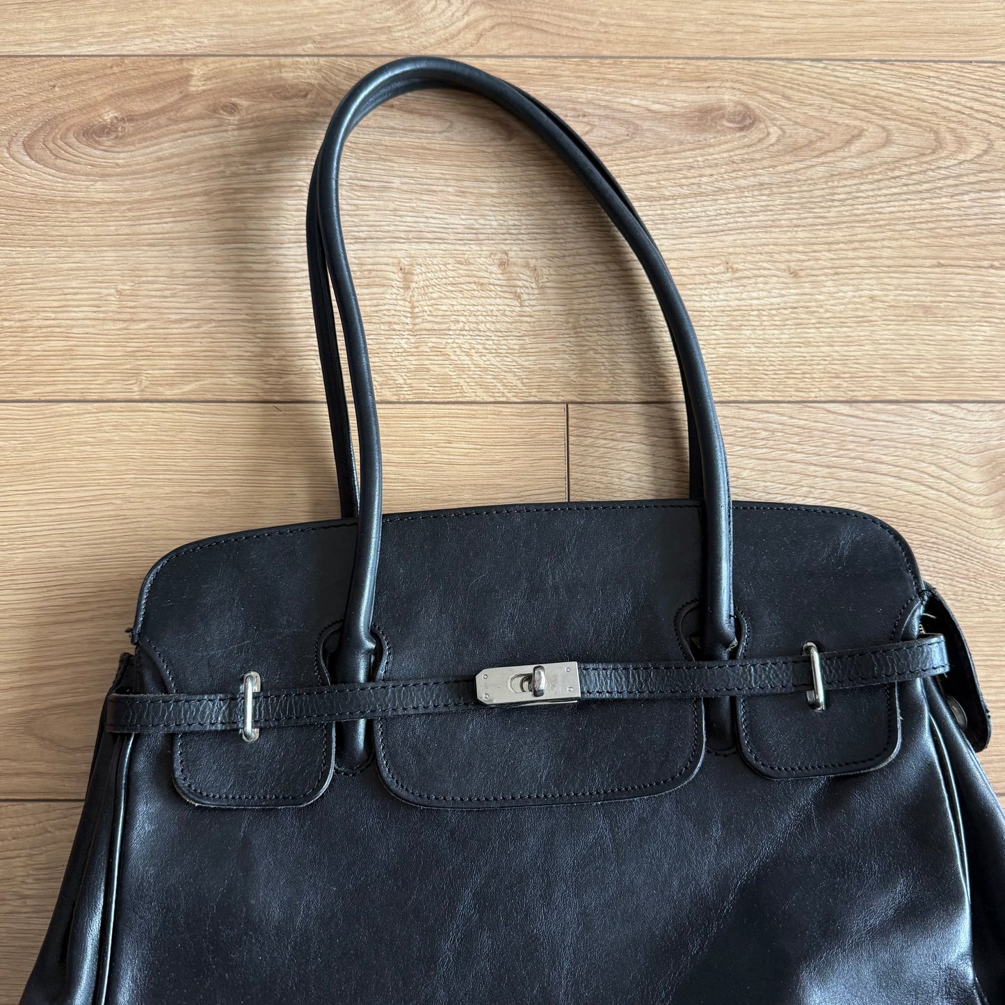 Black leather firkin bag - One Size