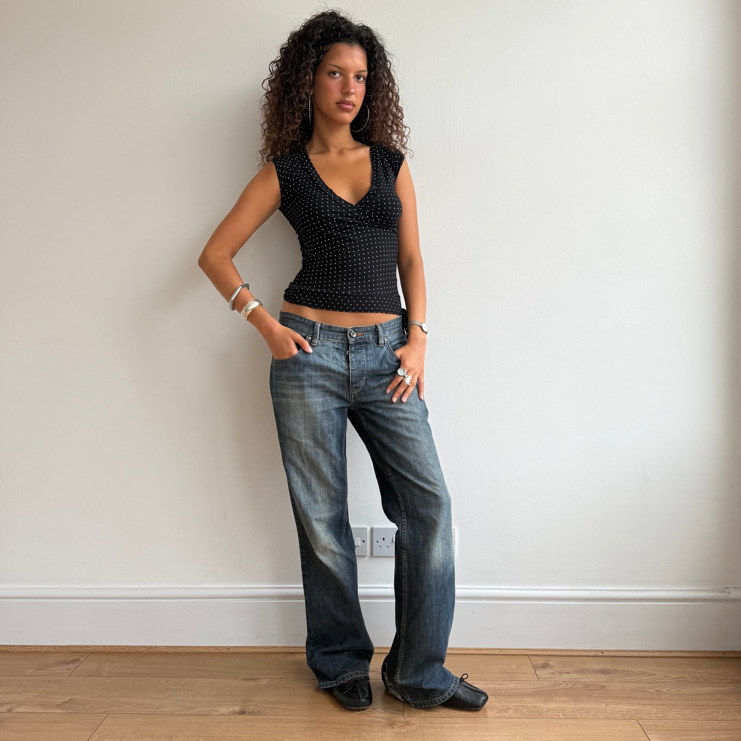 Polka dot tie side wrap top - Size S