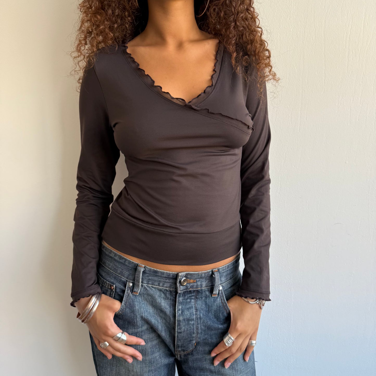 Brown long sleeve wrap ruffle top - Size M