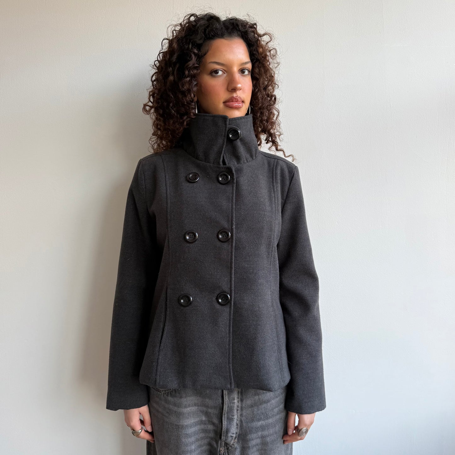 Grey button neck peacoat - Size L